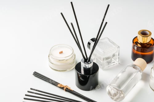 Preview: Aromatic essentials including scented candles, incense sticks, and diffusers arranged on a light