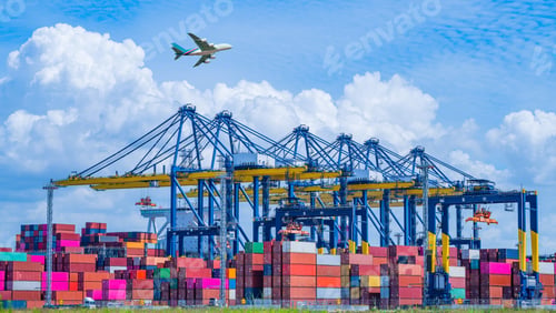 Preview: Cargo ship and truck at seaport waiting for container dock crane shipment harbour loading container