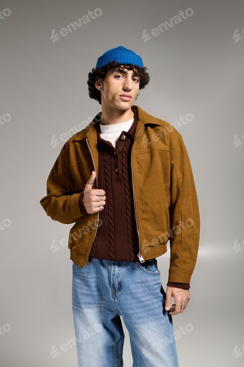 Preview: Stylish young man showcases modern fashion with confidence in a studio setting