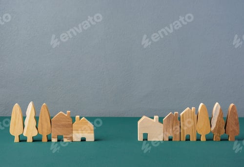 Preview: set of wooden house and tree decoration in village on grey floor and green background