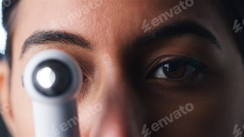 Preview: Close Up Portrait Of Female Ophthalmologist In Hospital Looking Through Ophthalmoscope