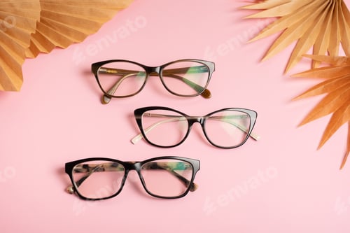 Preview: Eyeglasses on pink background. Optical store, vision test, stylish glasses concept