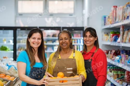 Preview: Senior women showing a box of fruit in the market