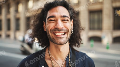 Preview: Clouse-up, smiling young guy with long curly hair