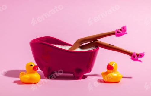 Preview: Pink bath with doll legs in pink shoes on pink background.