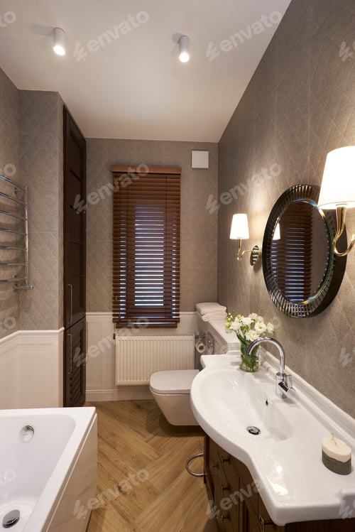 Preview: Modern Bathroom interior with stone wall, mirror and shower.