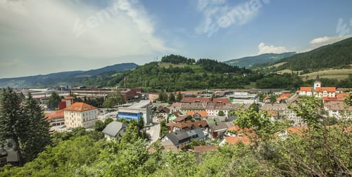 Preview: Wide shot of a town in Slovenia on a bright and sunny day