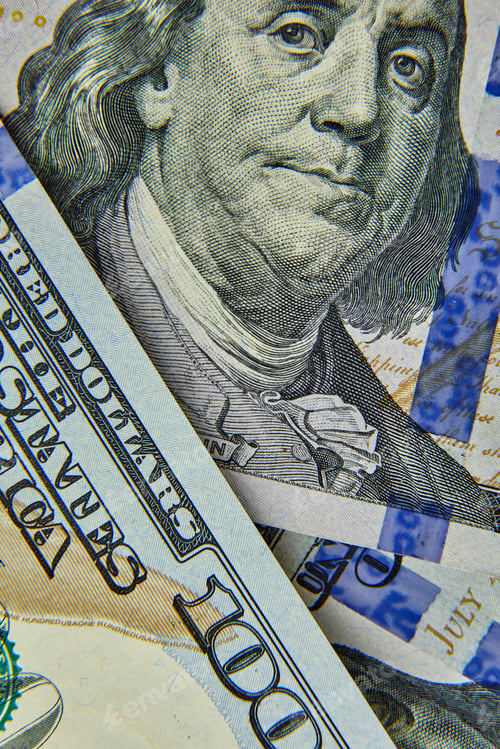 Preview: Flat lay Closeup on the bills for a US hundred dollar banknote
