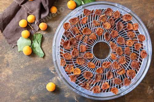 Preview: The process of home cooking dried fruits or candied fruit in an electric dryer on a rustic table.