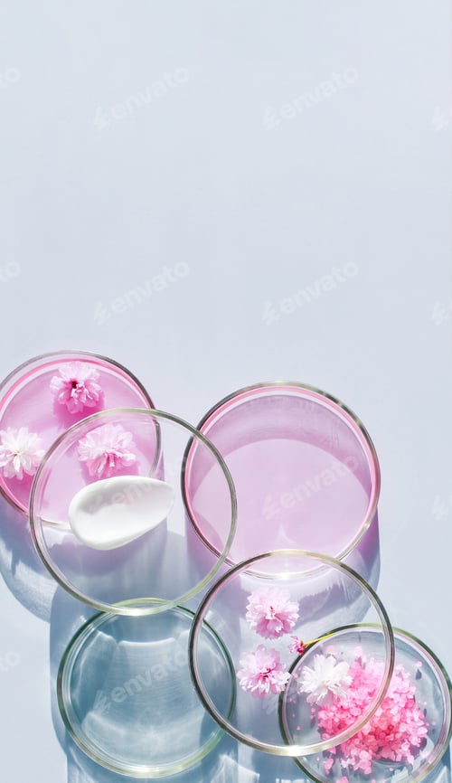Preview: petri dish pattern with cosmetic samples on a light background
