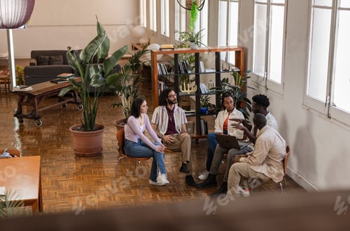 Preview: group of diverse people meeting in a therapy center for group talks, alcoholics anonymous