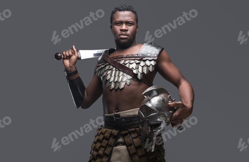 Preview: Violent gladiator with sword against gray background