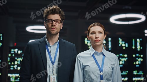 Preview: Smiling colleagues posing data center closeup. Software engineers looking camera