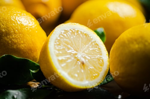 Preview: Fresh lemons. On black table.
