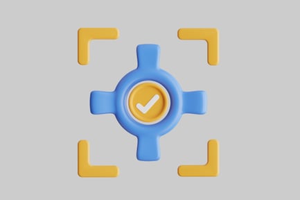 Vista previa: Cruz azul con marca de verificación y elementos amarillos en forma de L