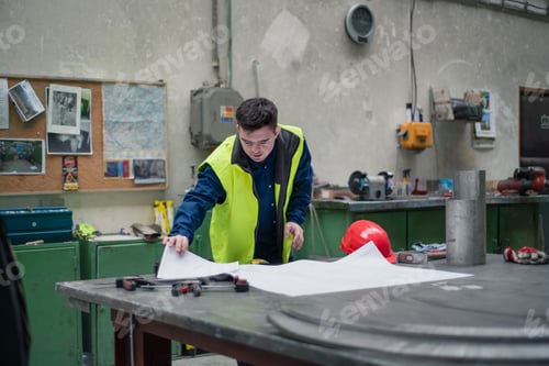 Preview: Young man with Down syndrome looking at blueprints when working in industrial factory, social