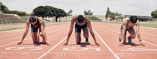 Preview: Race track, start and sports people at stadium for marathon competition, event and running with foc