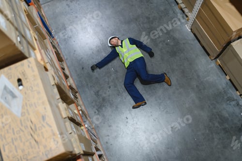 Preview: Warehouse Worker Has Work Related Accident Falls while Trying to Pick Up Cardboard Box