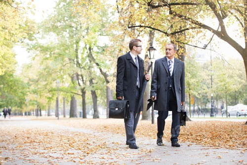 Preview: Two businessmen walking and talking in park