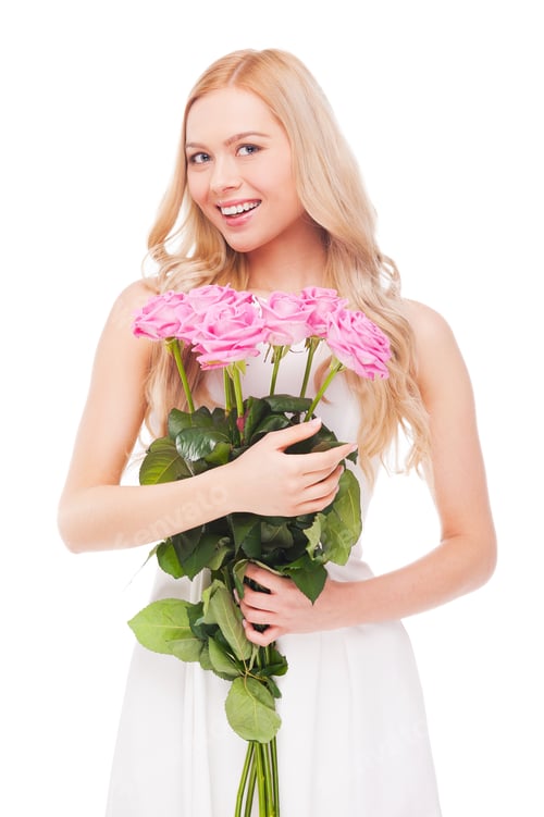 Preview: Blonde Woman with Pink Roses Smiles in White