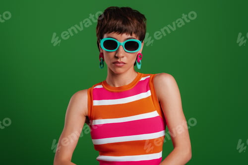 Preview: Stylish young woman in trendy glasses looking at camera while standing against green background