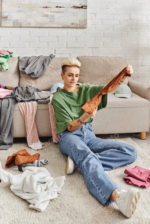Preview: tattooed woman in casual style clothes holding suede boot while sorting belongings and thrift store