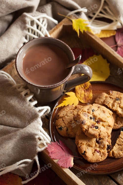 Preview: hot chocolate warming drink wool throw cozy autumn leaves cookie