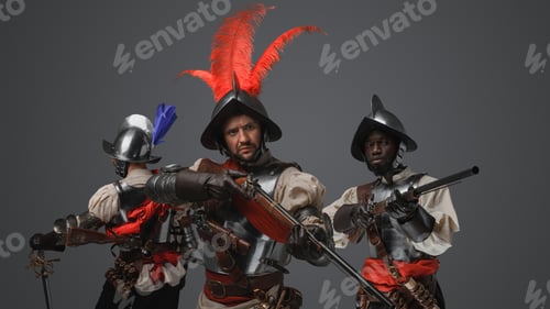 Preview: Squad of three spanish military men against grey background