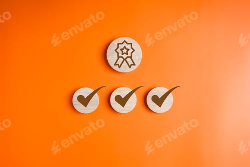 Preview: ISO smart globe with check mark guarantee icons on wooden cube and copy space