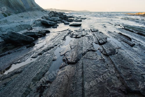 Preview: Flysch near the Basque coast of Zumaia, beautiful natural maritime landscape of sedimentary rocks.