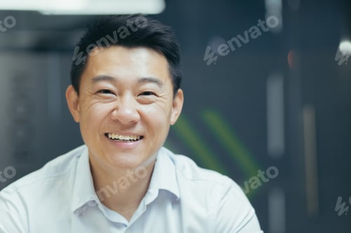 Preview: Close-up photo. Portrait of a young Asian man in a distressed shirt sitting in the office and
