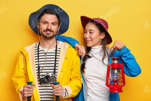 Preview: Photo of two friends have traveling, enjoy spending free time together, being experienced tourists,