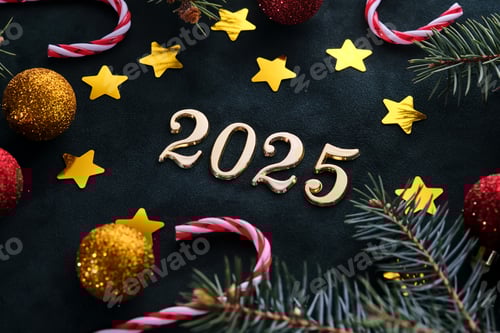 Preview: New Year 2025 background. Number of the coming year in Christmas decoration.