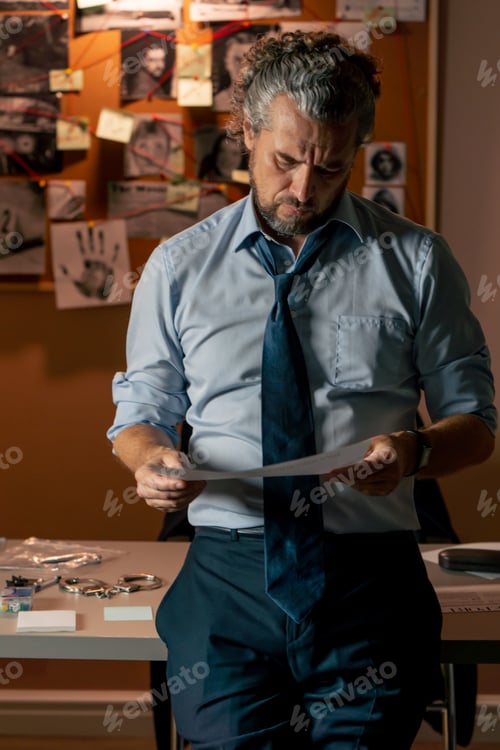 Preview: in the detective's office middle-aged investigator in a shirt and tie examines with a magnifying