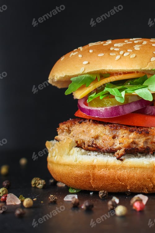 Preview: Burger Meat Cutlet Beef Steak, Tomato, Sauce And Lettuce (Tasty Meat Snack Sandwich) Menu Concept