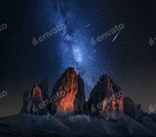 Preview: Tre Cime di Lavaredo and milky way at night, Dolomites