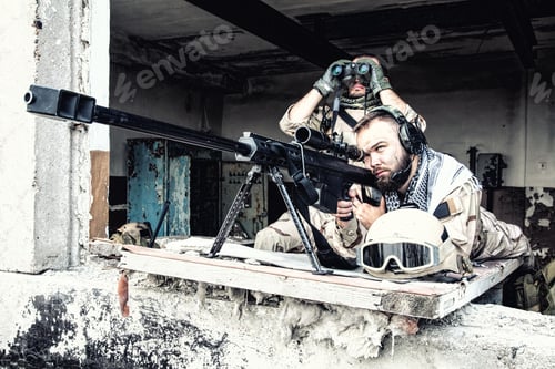 Preview: Sniper team with large caliber rifle in ambush