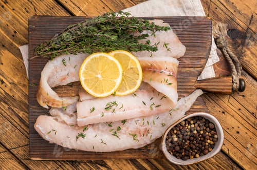 Preview: Haddock sea fish fillets, raw whitefish on a wooden board ready for cooking