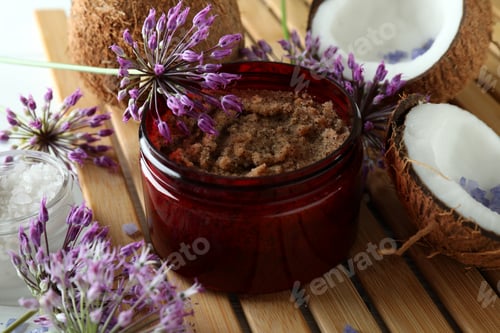 Preview: Skin care scrub concept on wooden background
