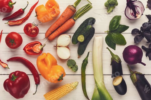 Preview: Rainbow background with lots of colorful vegetables