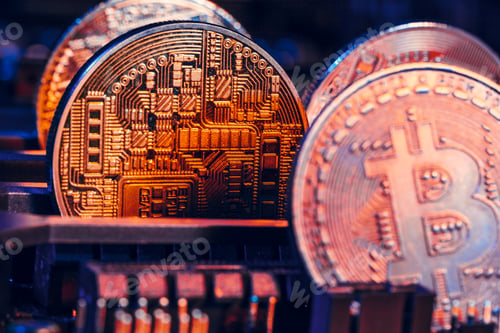 Preview: golden bitcoin and computer chip in background