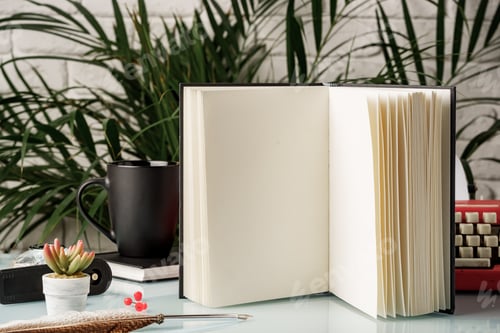 Preview: Hardcover book and vintage typewriter on white desk
