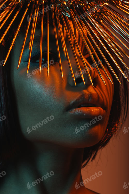 Preview: close up portrait of fashionable african american woman in headpiece with needles