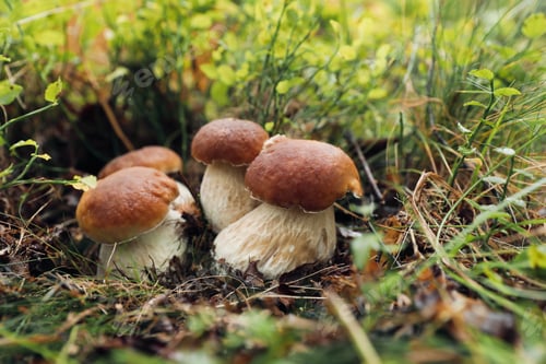 Preview: Fresh wild mushrooms growing in forest, closeup