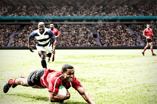 Preview: Digital composite image of rugby player jumping with the ball to score touchdown in sports stadium