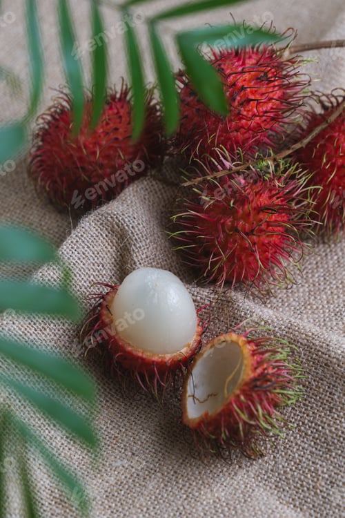 Preview: Top view of Rambutan fruit and leaves on fabric