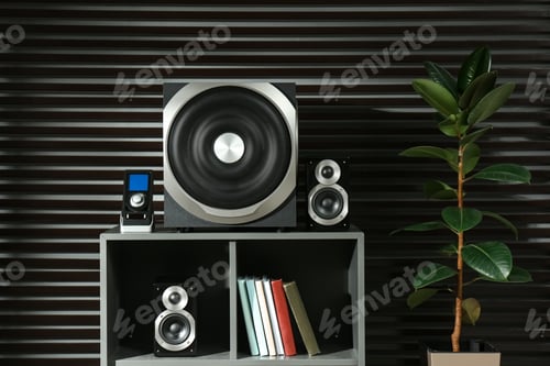 Preview: Modern audio speaker system on shelving indoors