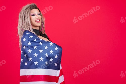 Preview: Distracted transgender person wrapping with a north america national flag