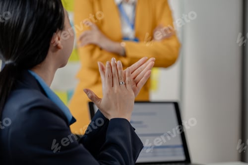 Preview: colleagues with applause and in a meeting room of their workplace for happiness, Achievement, suppo