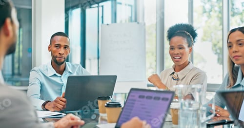 Preview: Communication, networking or business people in meeting with laptop for analytics, planning or proj